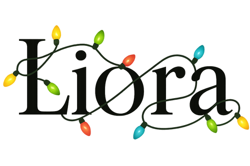 Create me a logo that says Liora make it black the text with a transparent background and add Christmas lights onto the logo